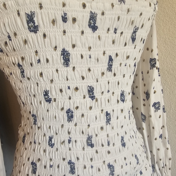 FREE PEOPLE Two Faces Long Sleeve Ruched Short BoHo Floral Dress White/blue. XS - Picture 5 of 16